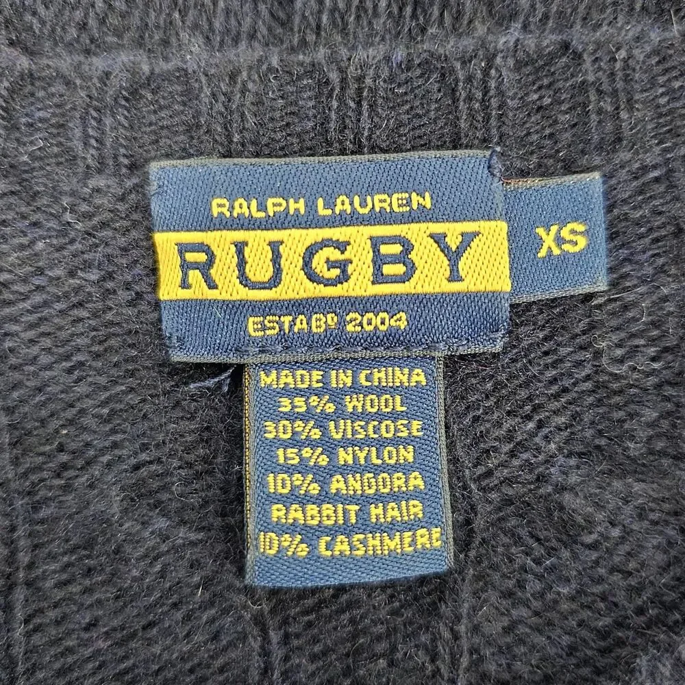 Vintage Y2K RL Rugby Navy Blue Cable Knit Shoulder Button Sweater XS Preppy